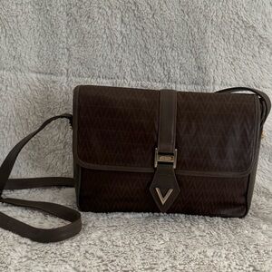 Mario Valentino Vintage Monogram Crossbody Bag – Brown Greige Leather Trim